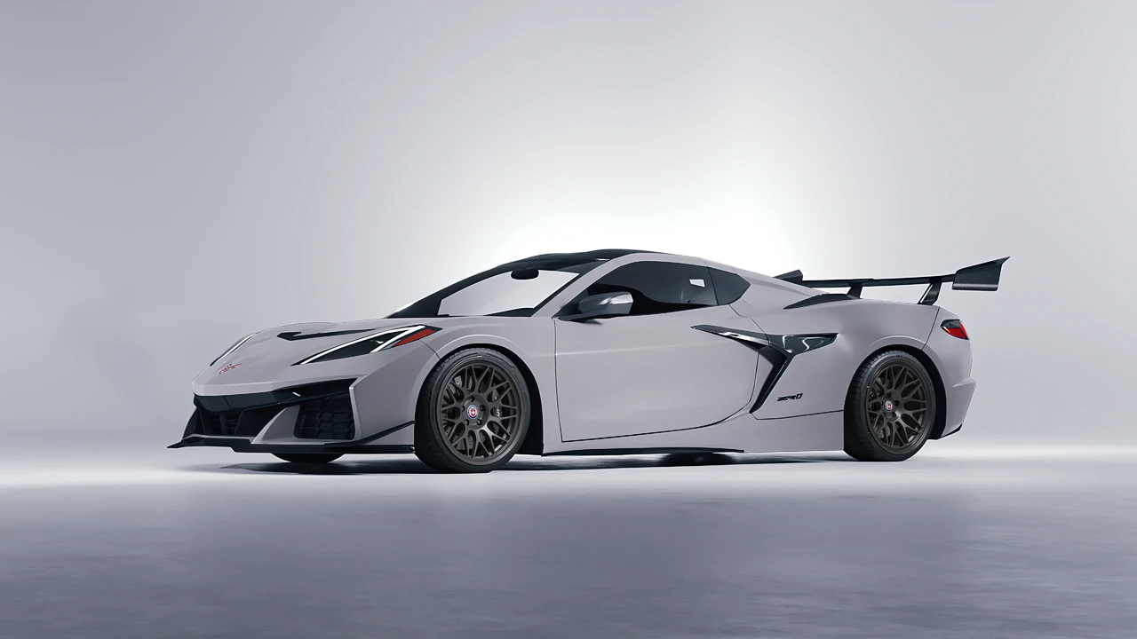 Chevrolet Corvette ZR1 2025 on HRE Performance Wheels 300-GT forged wheels, front three-quarter view