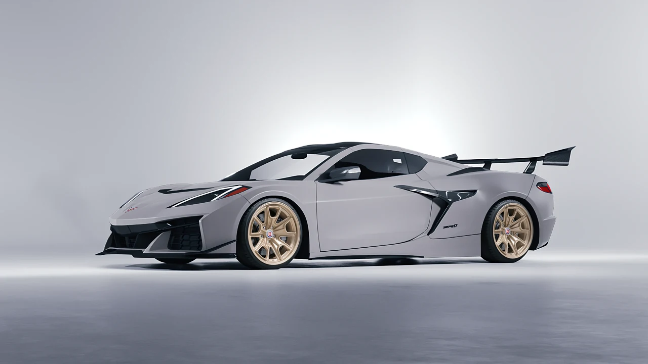 Chevrolet Corvette ZR1 2025 on HRE Performance Wheels 427M forged wheels, front three-quarter view