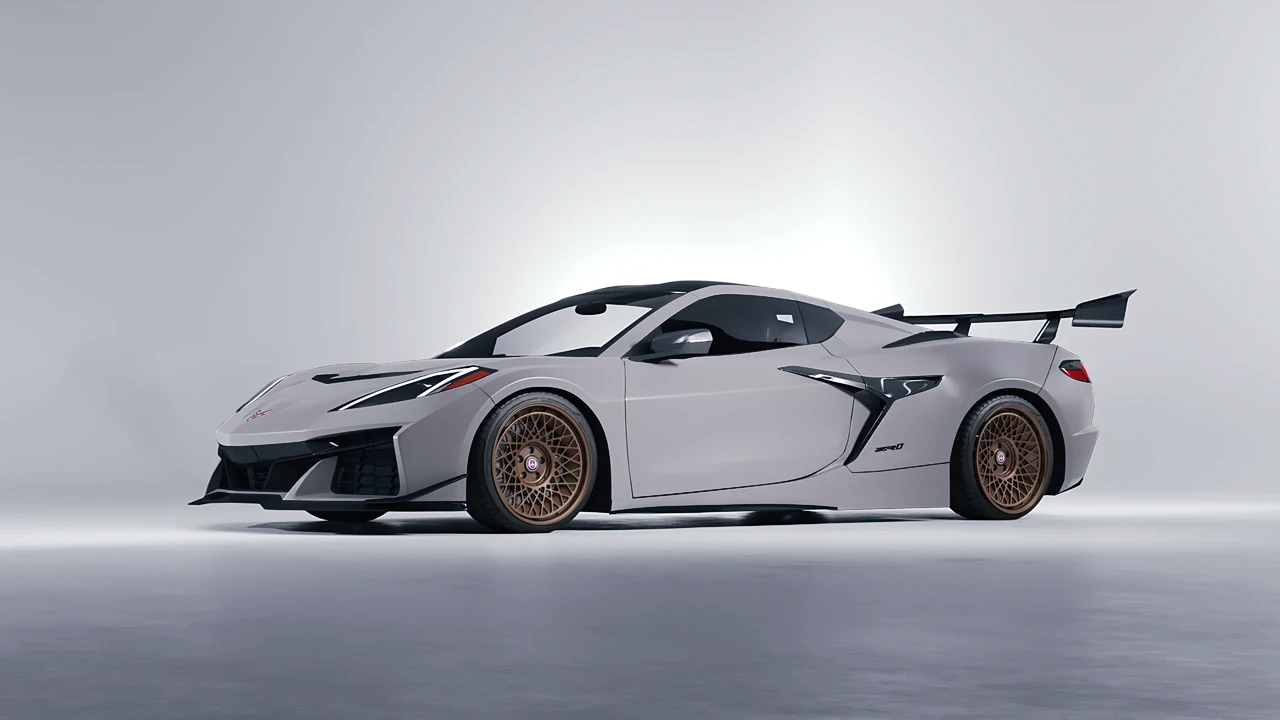 Chevrolet Corvette ZR1 2025 on HRE Performance Wheels 501-GTM forged wheels, front three-quarter view