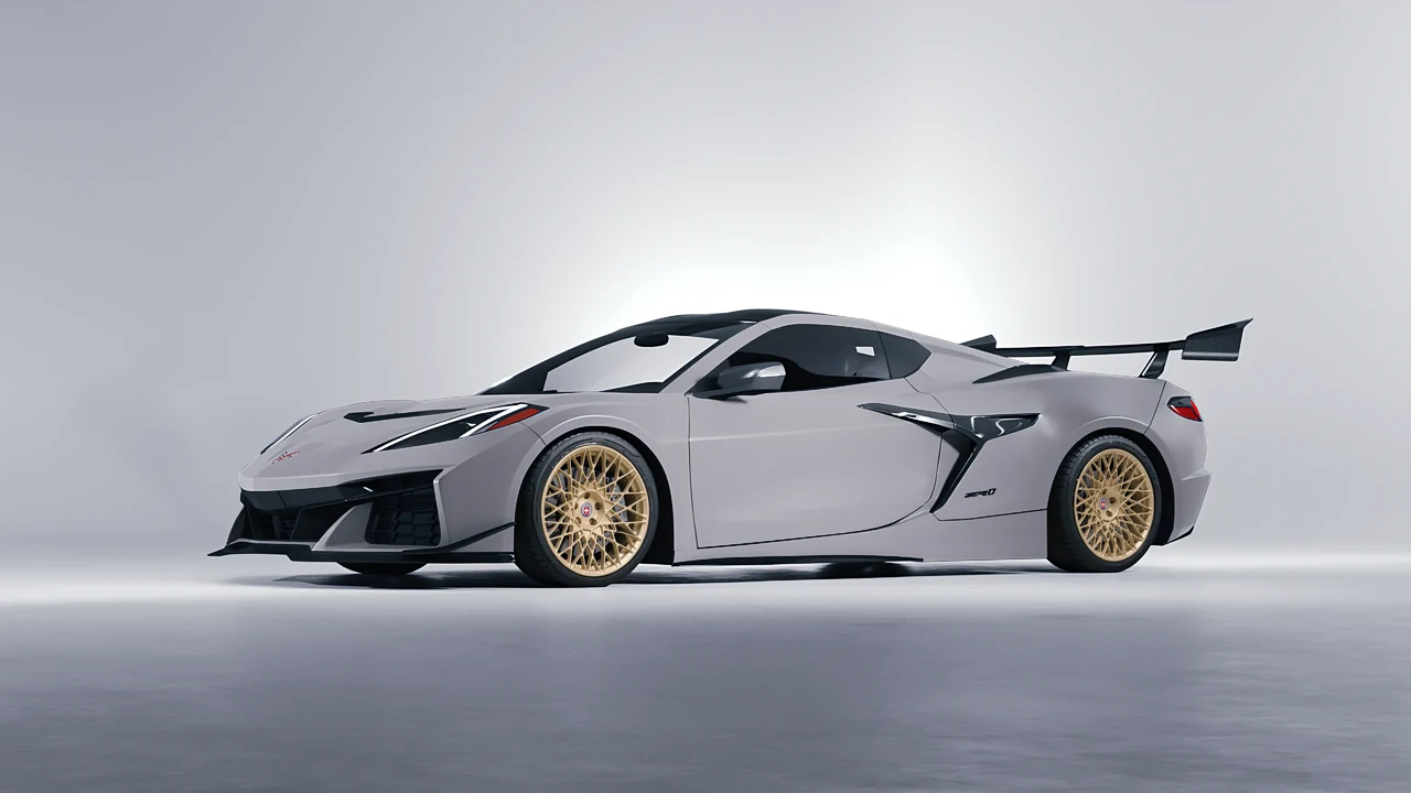 Chevrolet Corvette ZR1 2025 on HRE Performance Wheels 501M forged wheels, front three-quarter view
