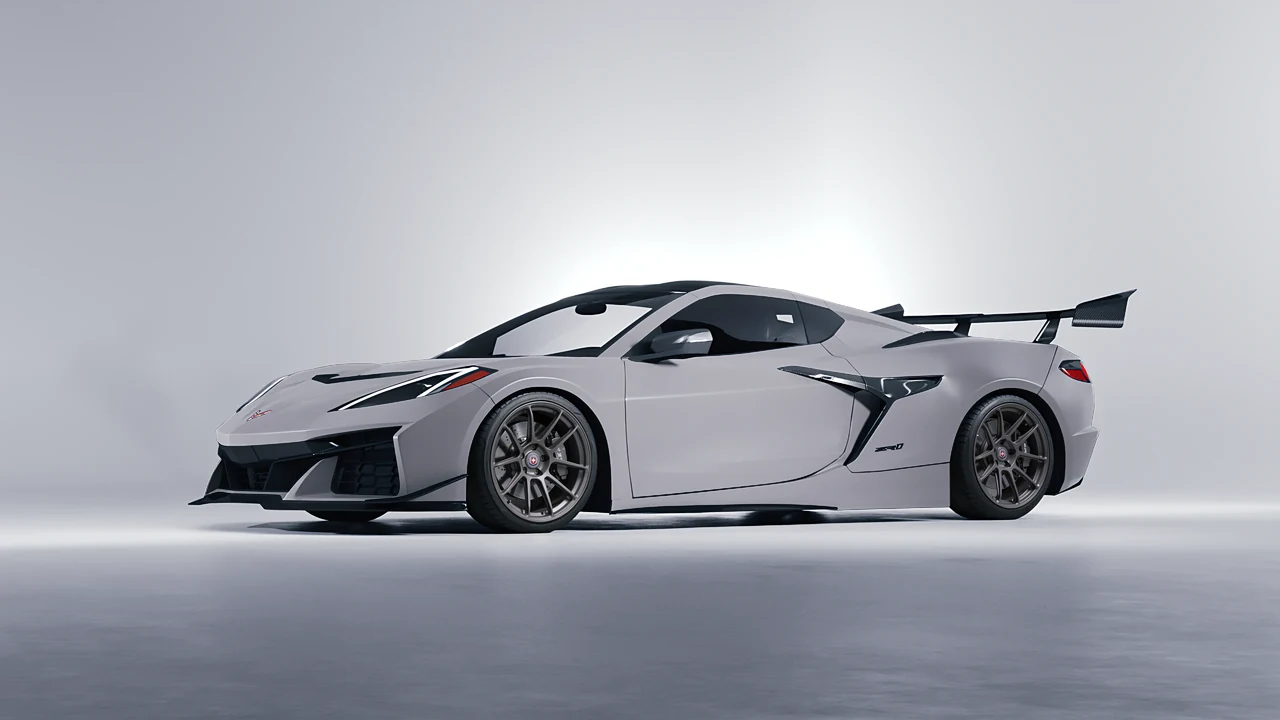 Chevrolet Corvette ZR1 2025 on HRE Performance Wheels RC104 forged wheels, front three-quarter view