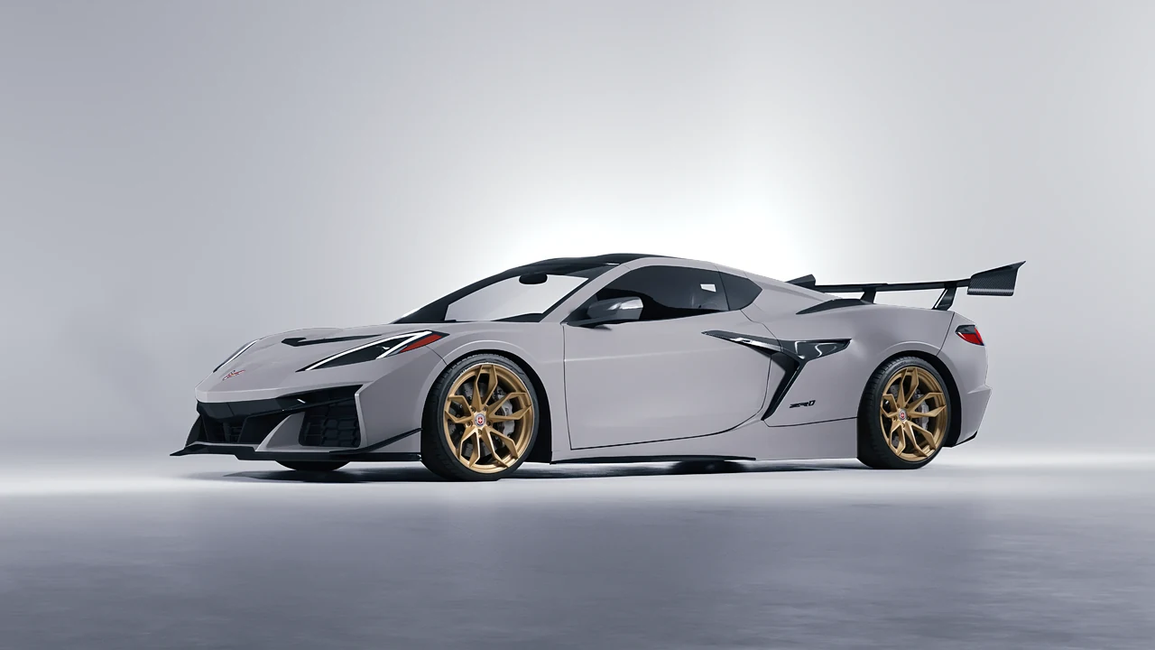 Chevrolet Corvette ZR1 2025 on HRE Performance Wheels S201H forged wheels, front three-quarter view