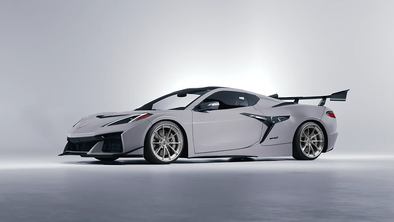 Chevrolet Corvette ZR1 2025 on HRE Performance Wheels S204 forged wheels, front three-quarter view