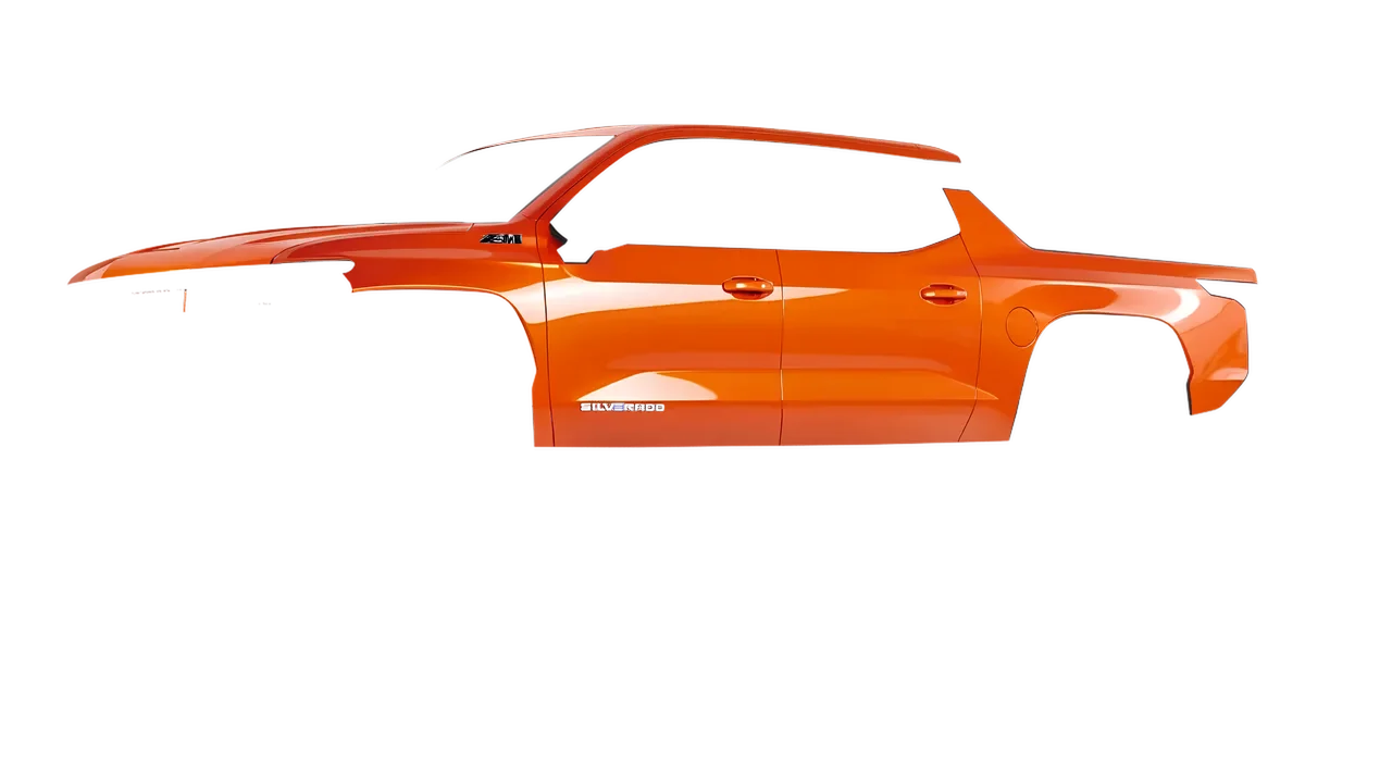 Chevrolet Silverado EV WT 2024 wrapped in Fiery Orange (3M G364), front three-quarter view