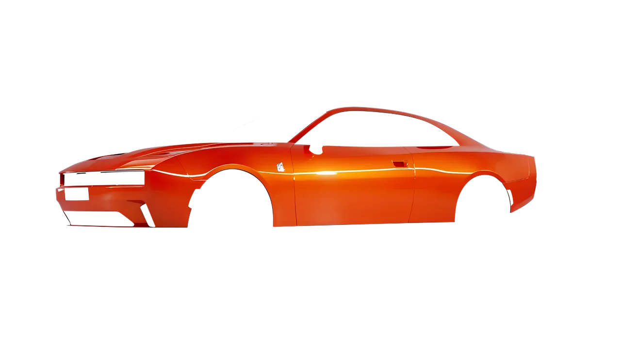Dodge Charger Daytona 2024 wrapped in Fiery Orange (3M G364), front three-quarter view