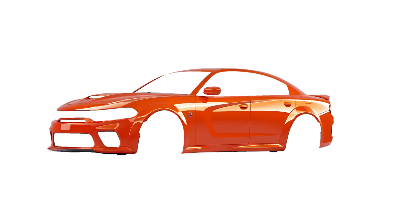 Dodge Charger Scat Pack Widebody 2020 wrapped in Fiery Orange (3M G364), front three-quarter view