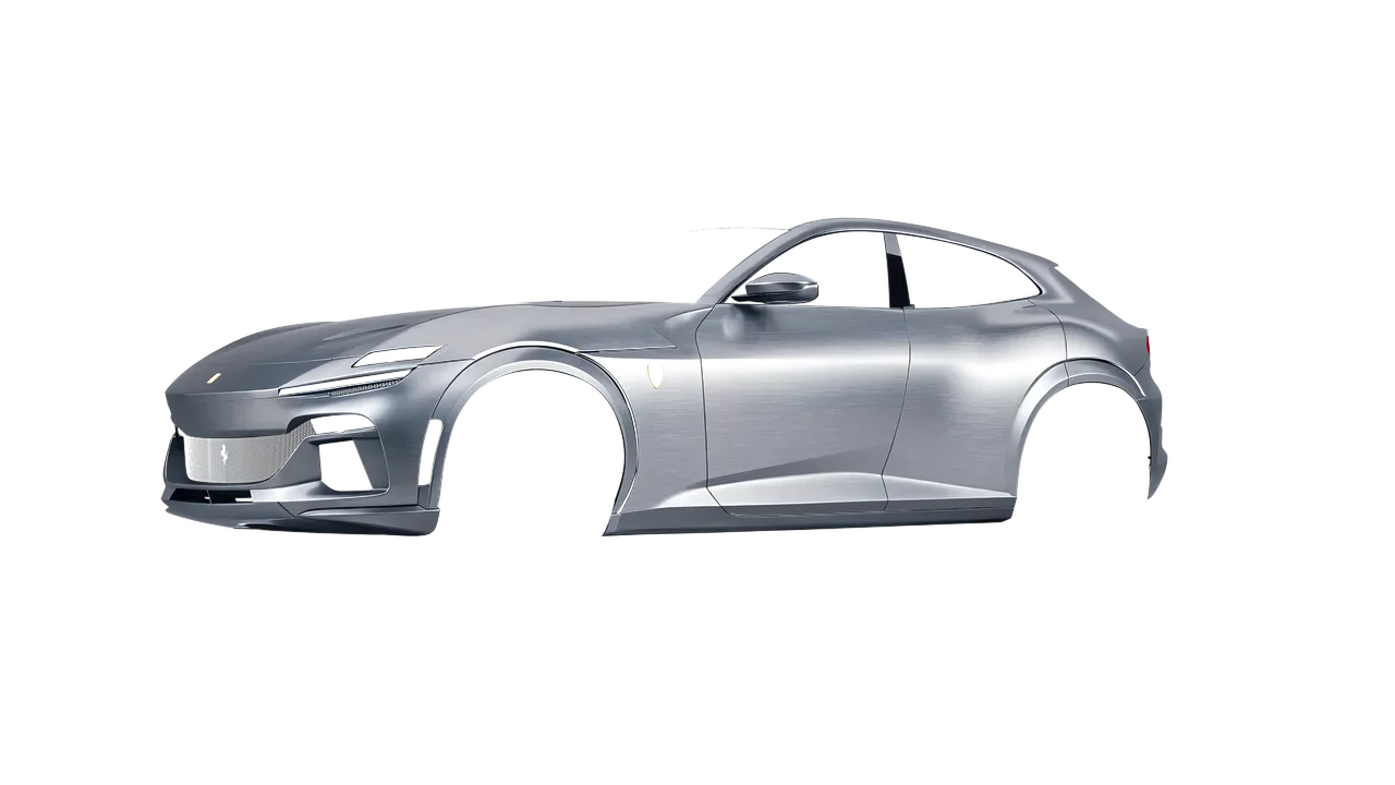 Ferrari Purosangue 2024 wrapped in Brushed Aluminum (3M BR120), front three-quarter view