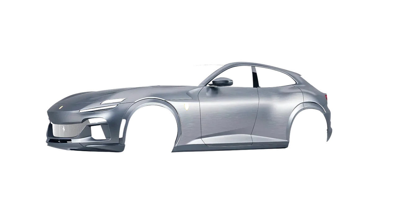 Ferrari Purosangue 2024 wrapped in Brushed Steel (Avery Dennison SW900-813-X), front three-quarter view