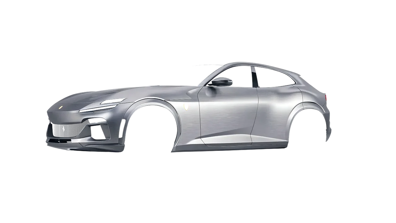 Ferrari Purosangue 2024 wrapped in Brushed Titanium (3M BR230), front three-quarter view