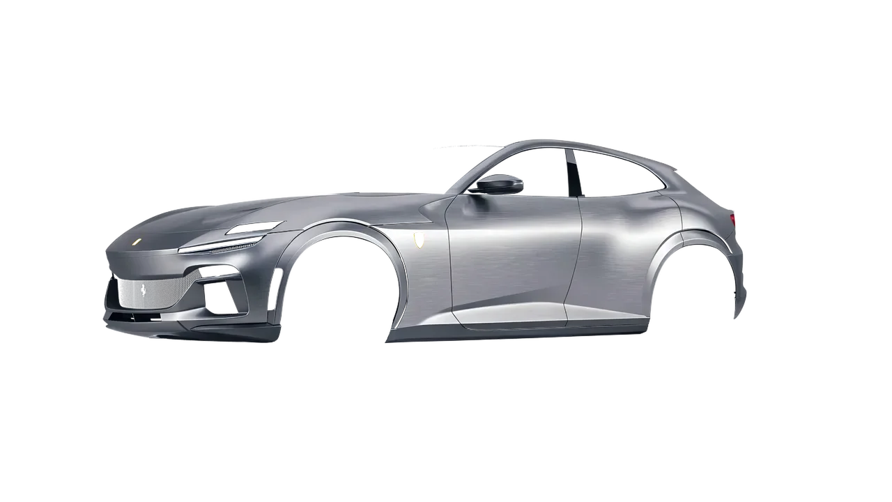 Ferrari Purosangue 2024 wrapped in Brushed Titanium (Avery Dennison SW900-802-X), front three-quarter view