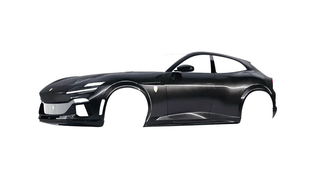 Ferrari Purosangue 2024 wrapped in Carbon Fiber Black (3M CFS12), front three-quarter view