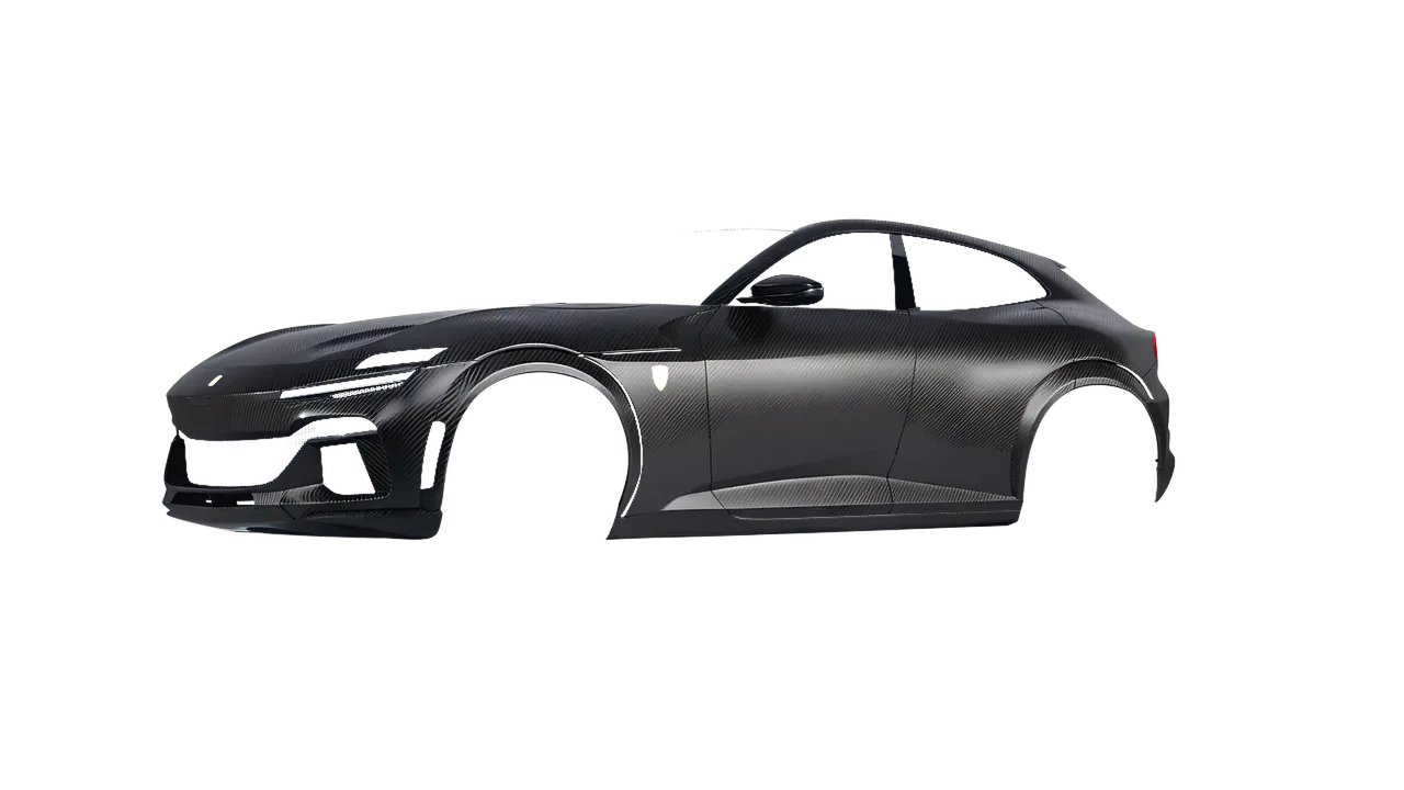 Ferrari Purosangue 2024 wrapped in Black Gloss Carbon Fibre Vehicle Wrapping System (KPMF K87021), front three-quarter view