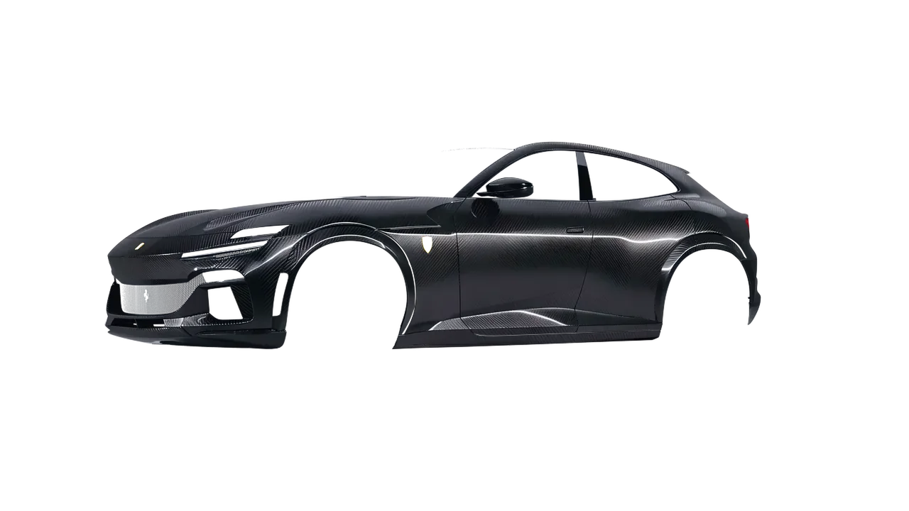 Ferrari Purosangue 2024 wrapped in Carbon Fiber Black (Avery Dennison SW900-194-X), front three-quarter view