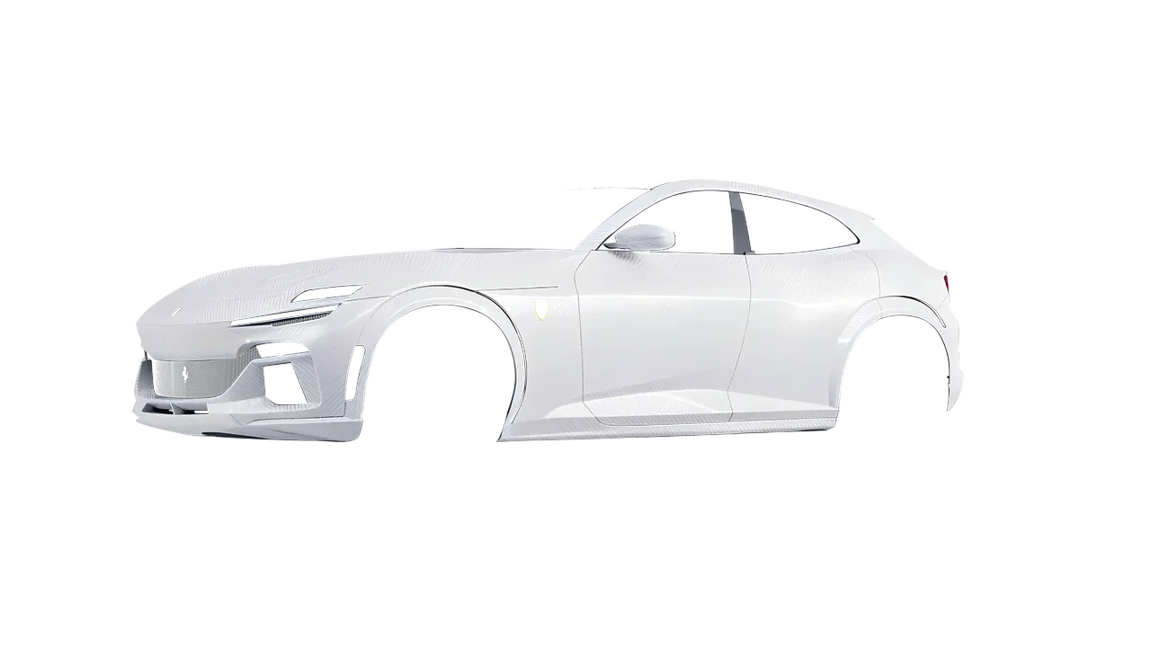 Ferrari Purosangue 2024 wrapped in Carbon Fiber White (Avery Dennison SW900-115-X), front three-quarter view