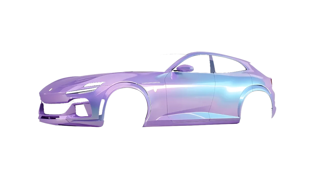 Ferrari Purosangue 2024 wrapped in Amethyst Gloss (ORACAL 970RA-316G), front three-quarter view