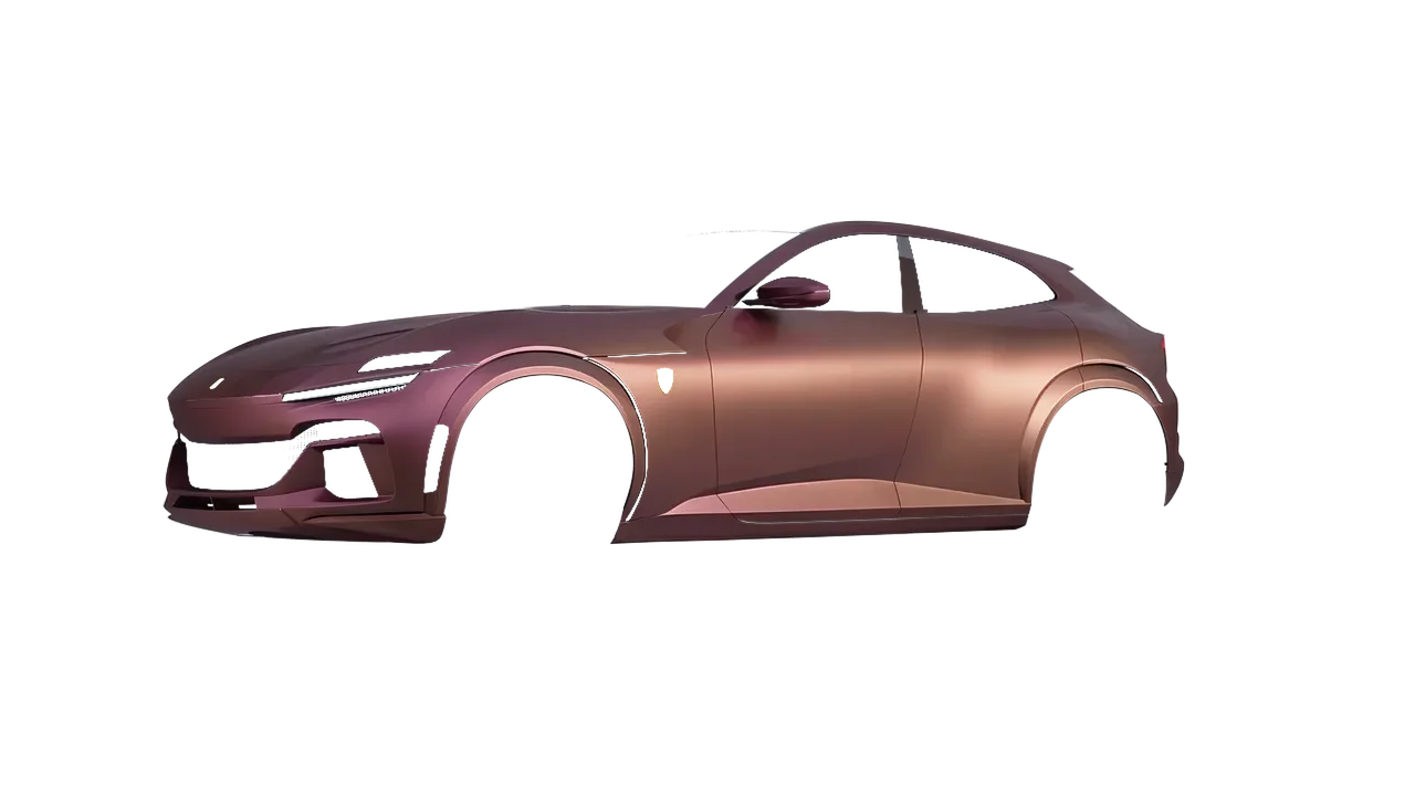 Ferrari Purosangue 2024 wrapped in Cranberry Matt (ORACAL 970RA-320M), front three-quarter view