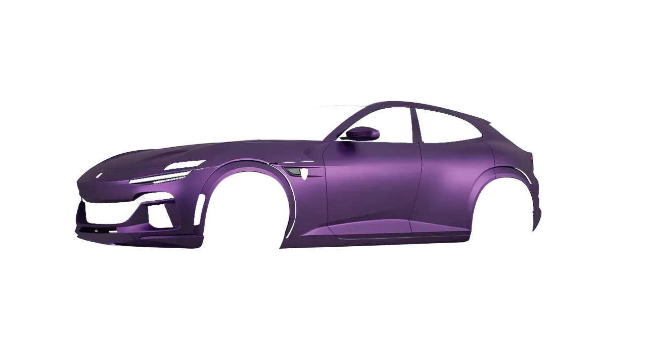 Ferrari Purosangue 2024 wrapped in Matt Purple Black Iridescent (KPMF K75565), front three-quarter view