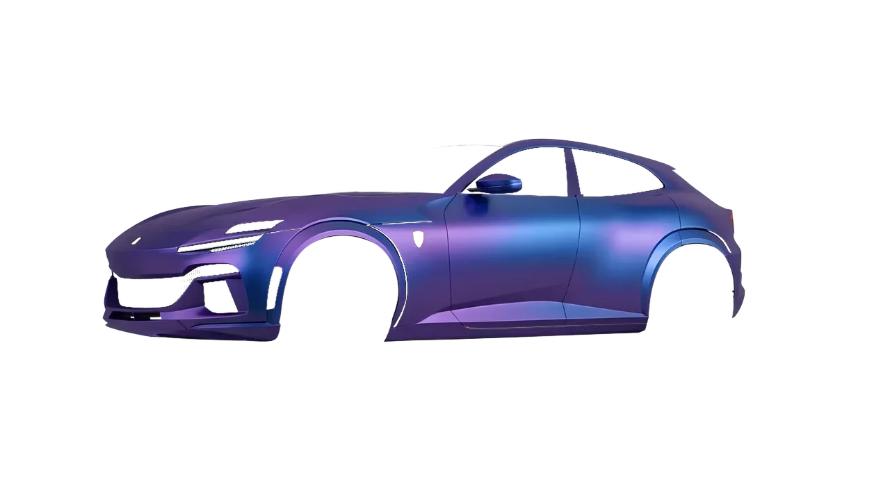 Ferrari Purosangue 2024 wrapped in Matt Purple Blue Iridescent (KPMF K75566), front three-quarter view