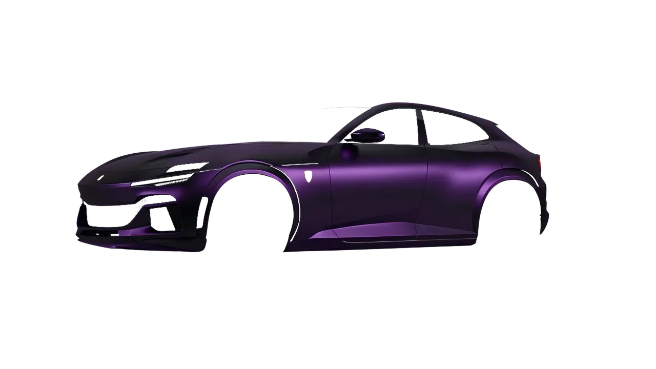 Ferrari Purosangue 2024 wrapped in Frozen Midnight Purple (KPMF K75570), front three-quarter view