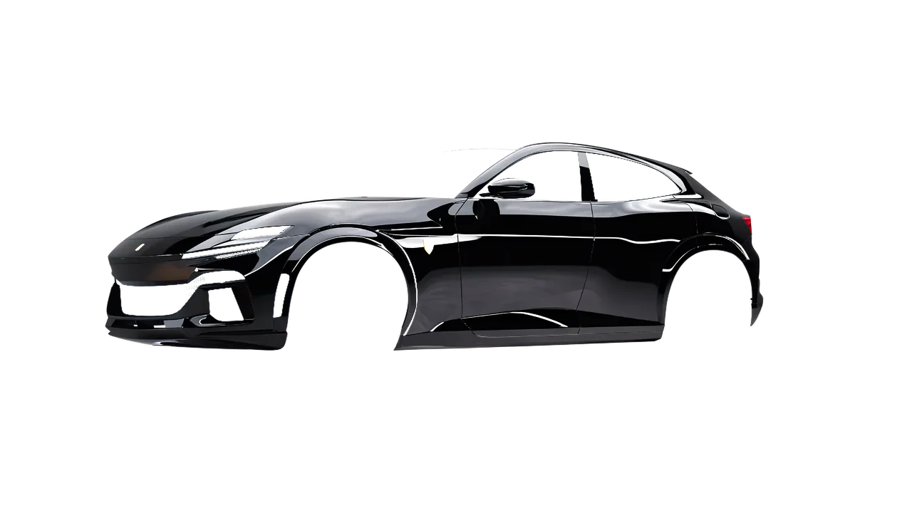 Ferrari Purosangue 2024 wrapped in Black Gloss (ORACAL 970RA-070G), front three-quarter view