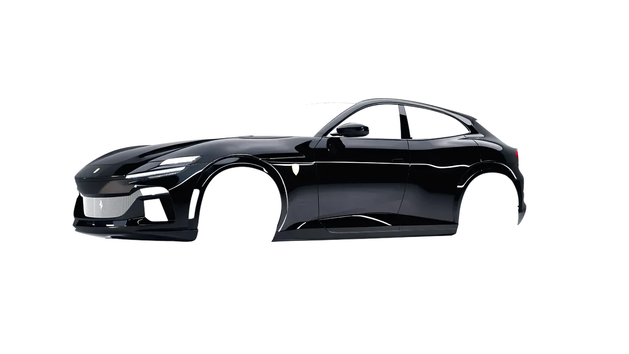 Ferrari Purosangue 2024 wrapped in Gloss Black (3M G12), front three-quarter view