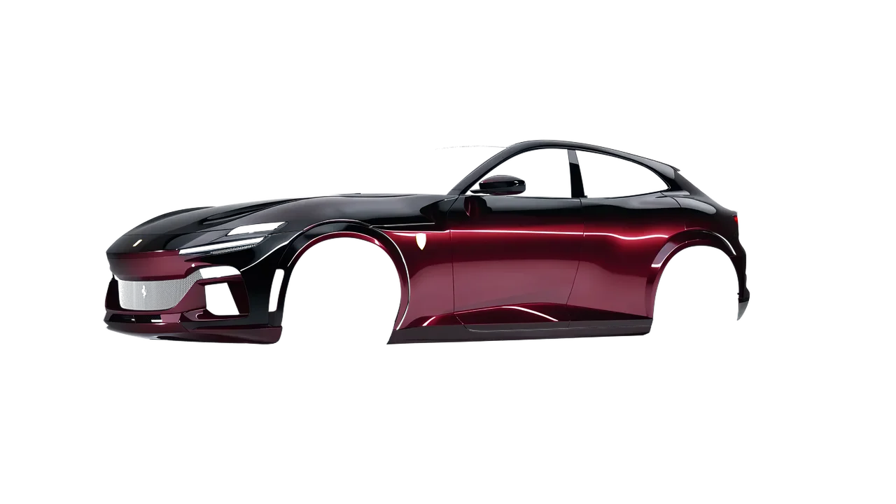 Ferrari Purosangue 2024 wrapped in Black Rose (3M GP99), front three-quarter view