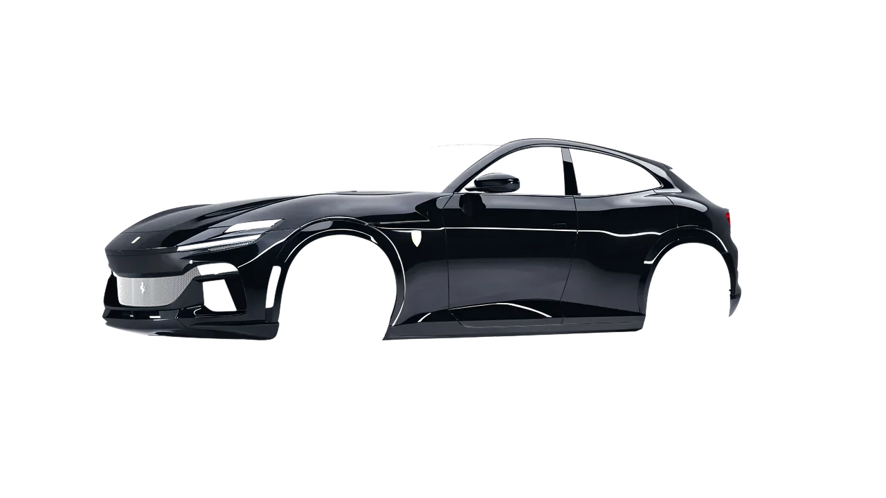 Ferrari Purosangue 2024 wrapped in Gloss Black (Avery Dennison SW900-190-O), front three-quarter view