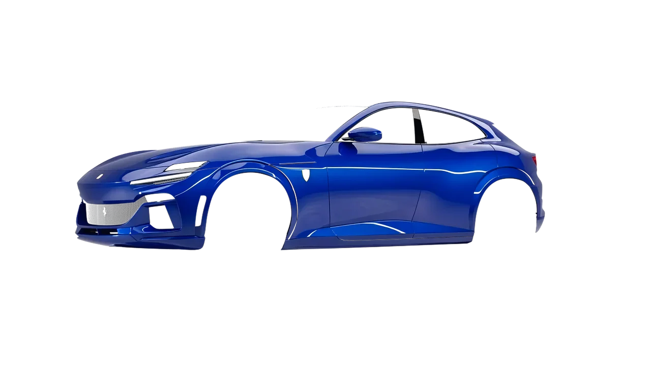 Ferrari Purosangue 2024 wrapped in Gloss Blue (Avery Dennison SW900-677-O), front three-quarter view