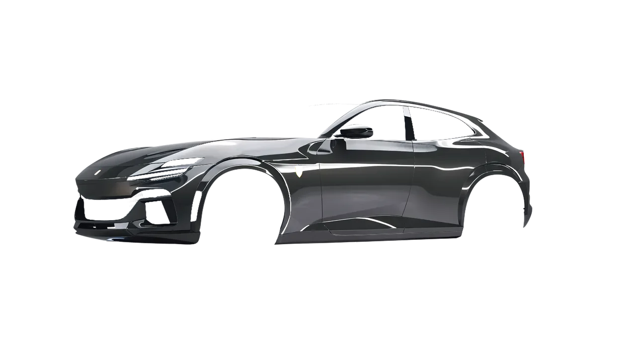 Ferrari Purosangue 2024 wrapped in Dark Grey Gloss (ORACAL 970RA-073G), front three-quarter view