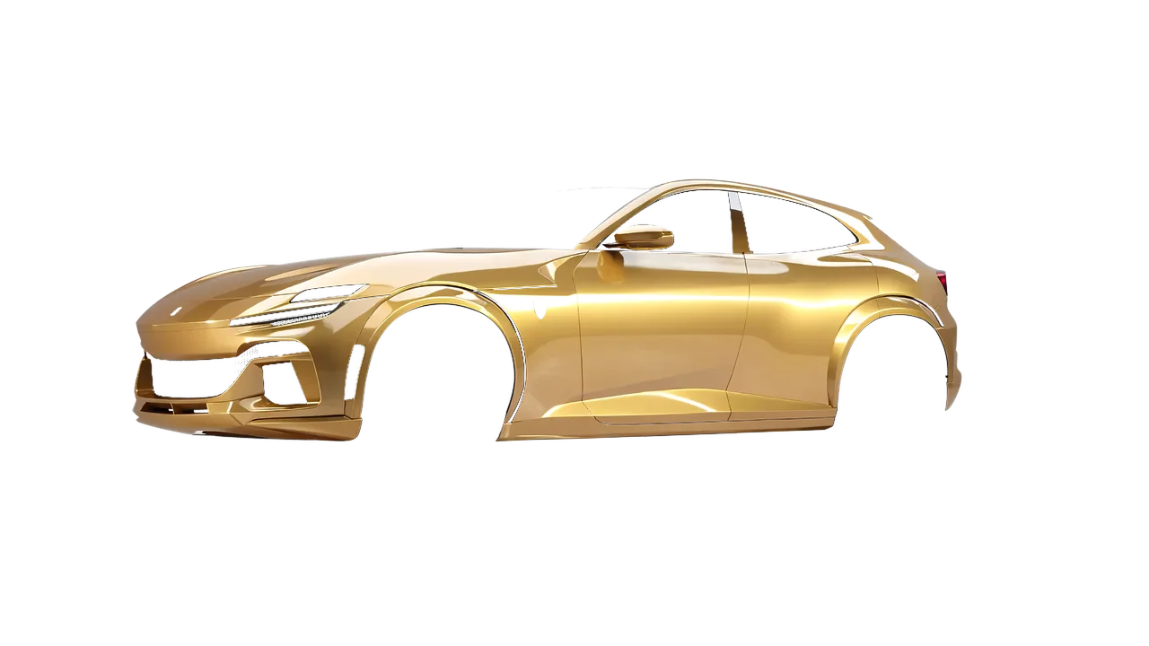 Ferrari Purosangue 2024 wrapped in Divine Gold Gloss (ORACAL 970RA-995G), front three-quarter view
