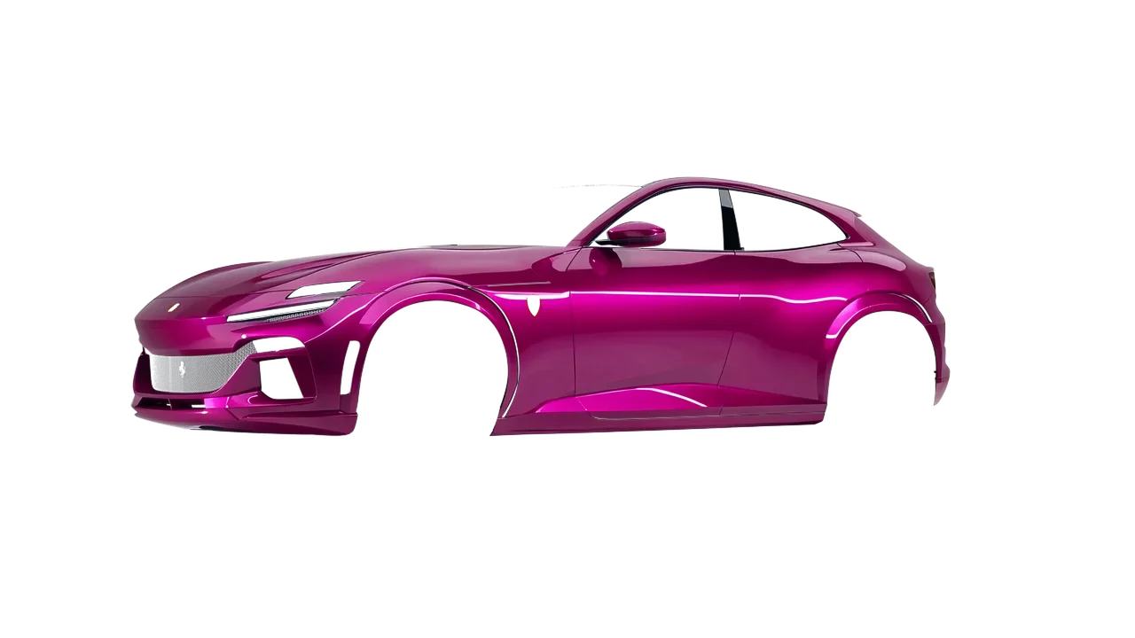 Ferrari Purosangue 2024 wrapped in Fierce Fuchsia (3M G348), front three-quarter view