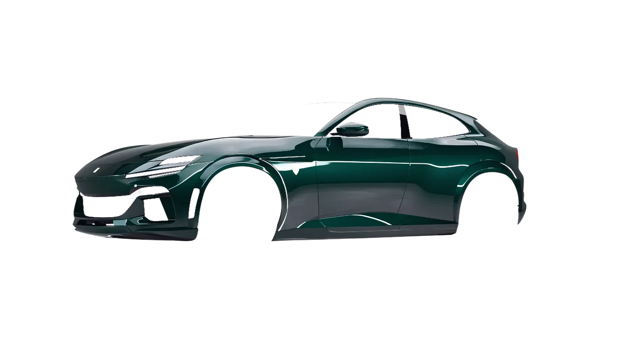Ferrari Purosangue 2024 wrapped in Fir Tree Green Gloss (ORACAL 970RA-622G), front three-quarter view
