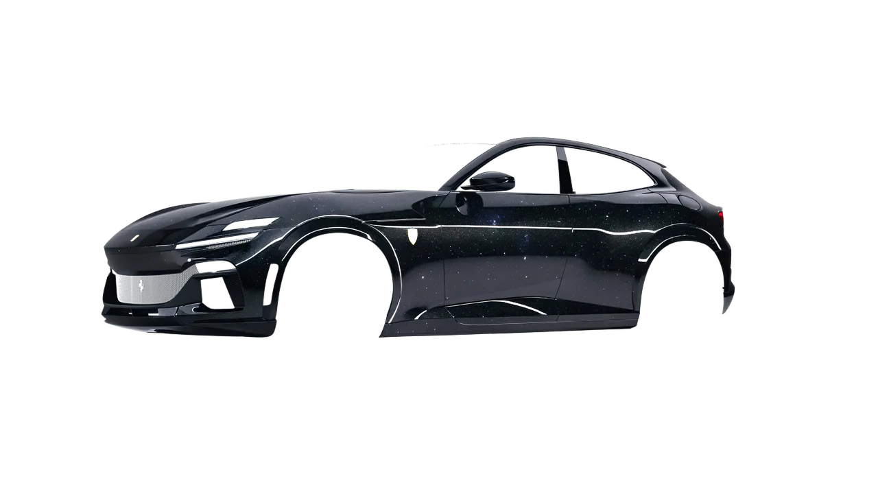 Ferrari Purosangue 2024 wrapped in Galaxy Black (3M GP292), front three-quarter view