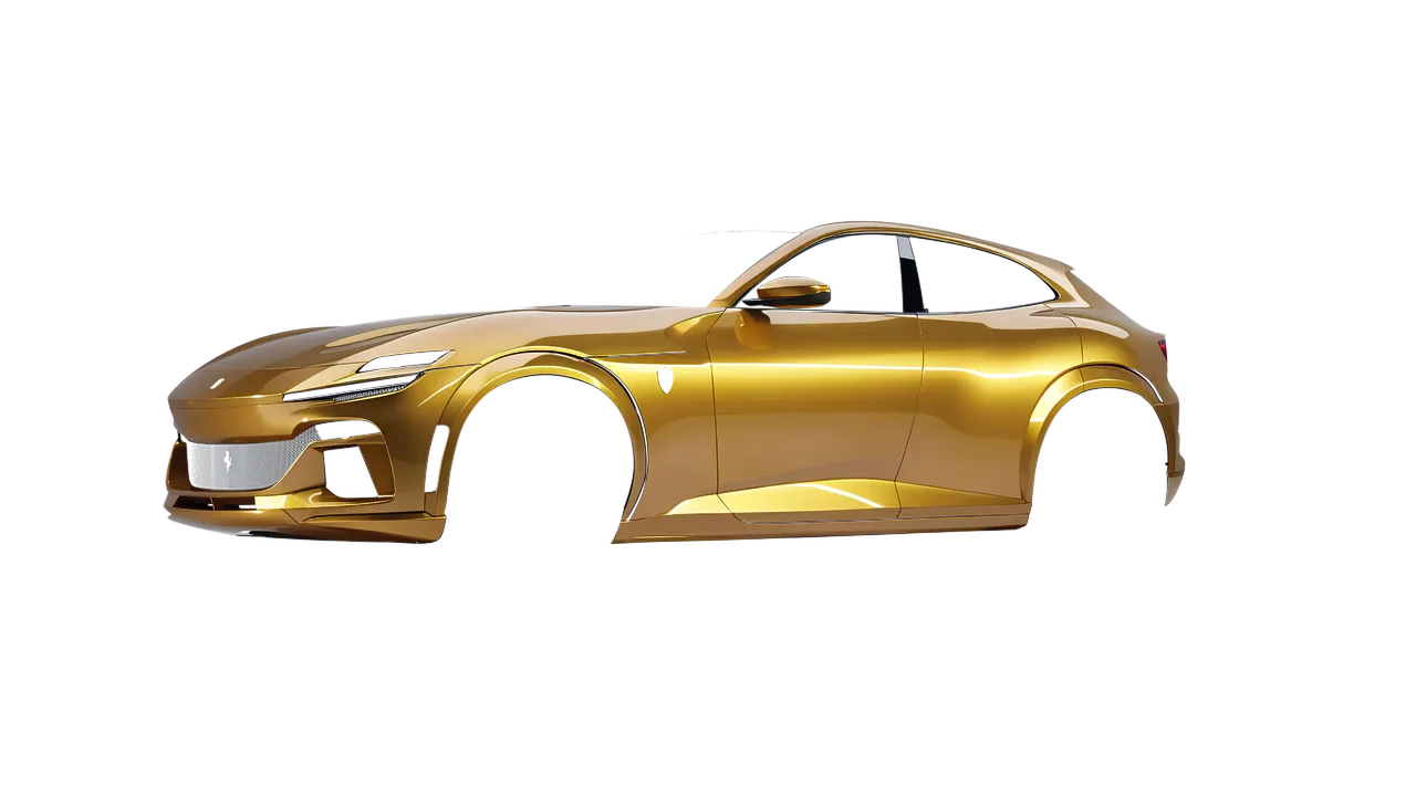 Ferrari Purosangue 2024 wrapped in Gold Metallic (3M G241), front three-quarter view