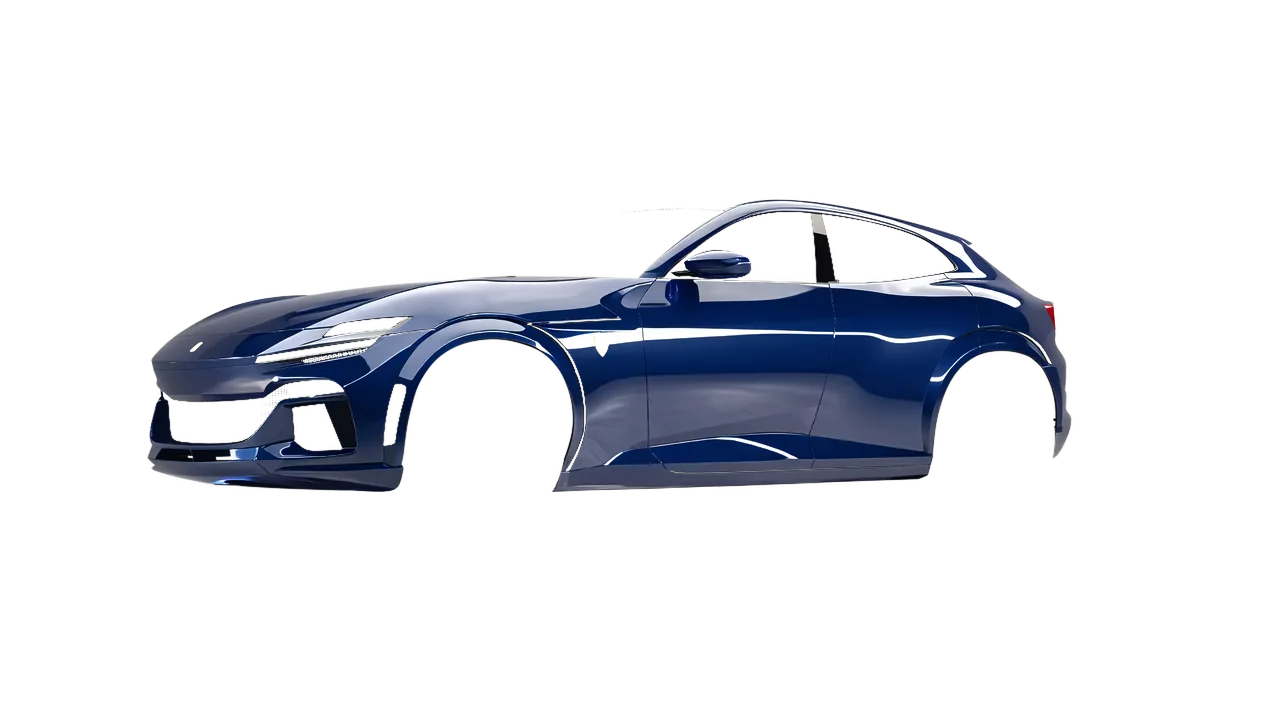 Ferrari Purosangue 2024 wrapped in Light Navy Gloss (ORACAL 970RA-564G), front three-quarter view