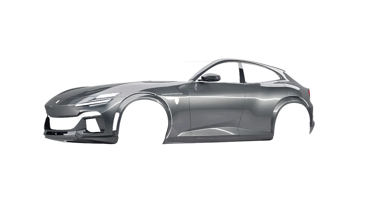 Ferrari Purosangue 2024 wrapped in Aluminium Gloss (ORACAL 970RA-908G), front three-quarter view