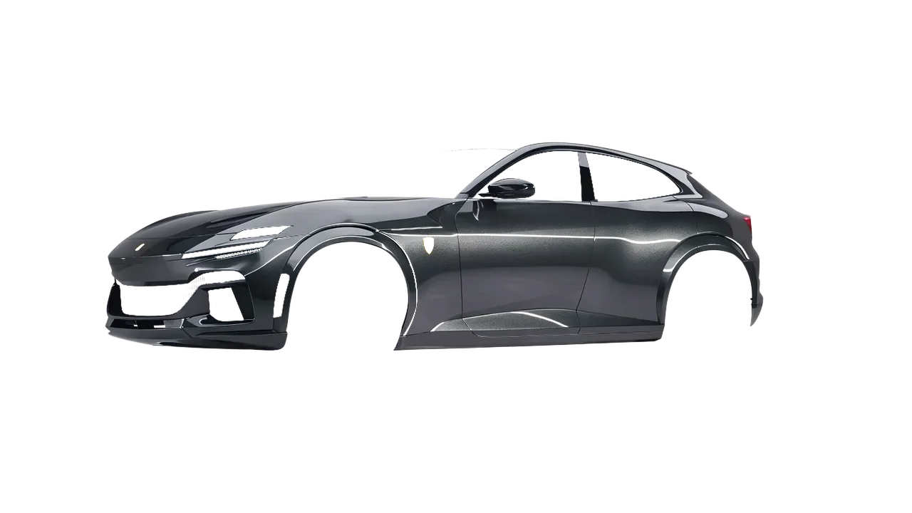 Ferrari Purosangue 2024 wrapped in Charcoal Gloss (ORACAL 970RA-937G), front three-quarter view