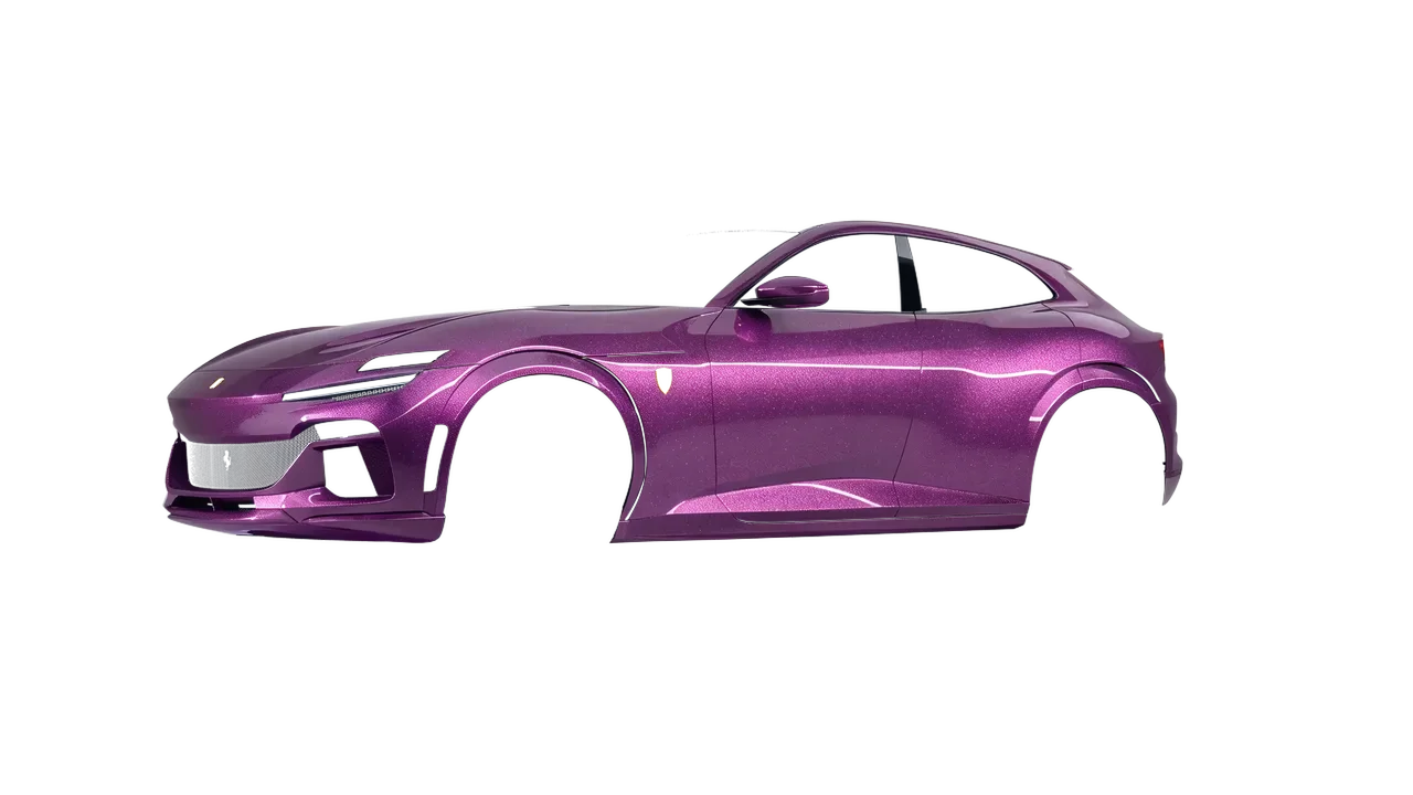 Ferrari Purosangue 2024 wrapped in Cosmic Rose (Avery Dennison SW900-526-M), front three-quarter view