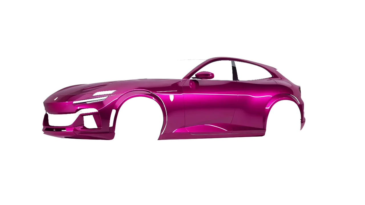 Ferrari Purosangue 2024 wrapped in Gloss Cosmos Pink (KPMF K75410), front three-quarter view