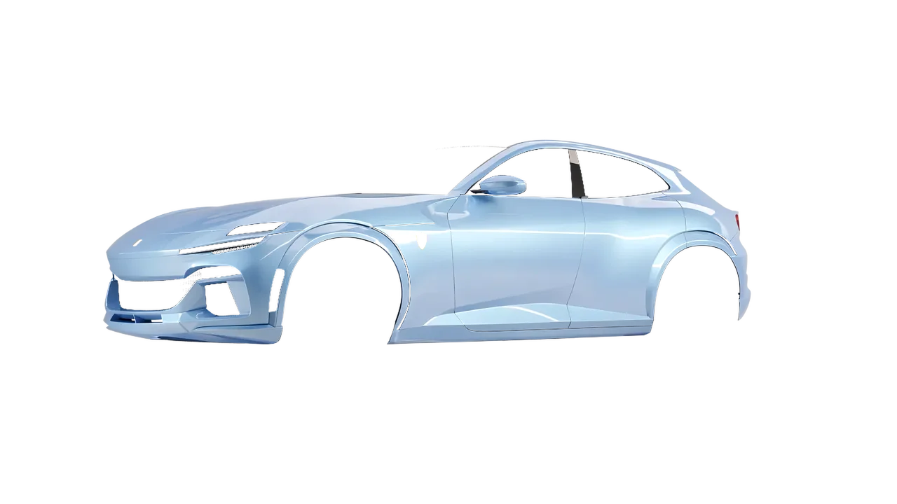 Ferrari Purosangue 2024 wrapped in Dove Blue Gloss (ORACAL 970RA-195G), front three-quarter view