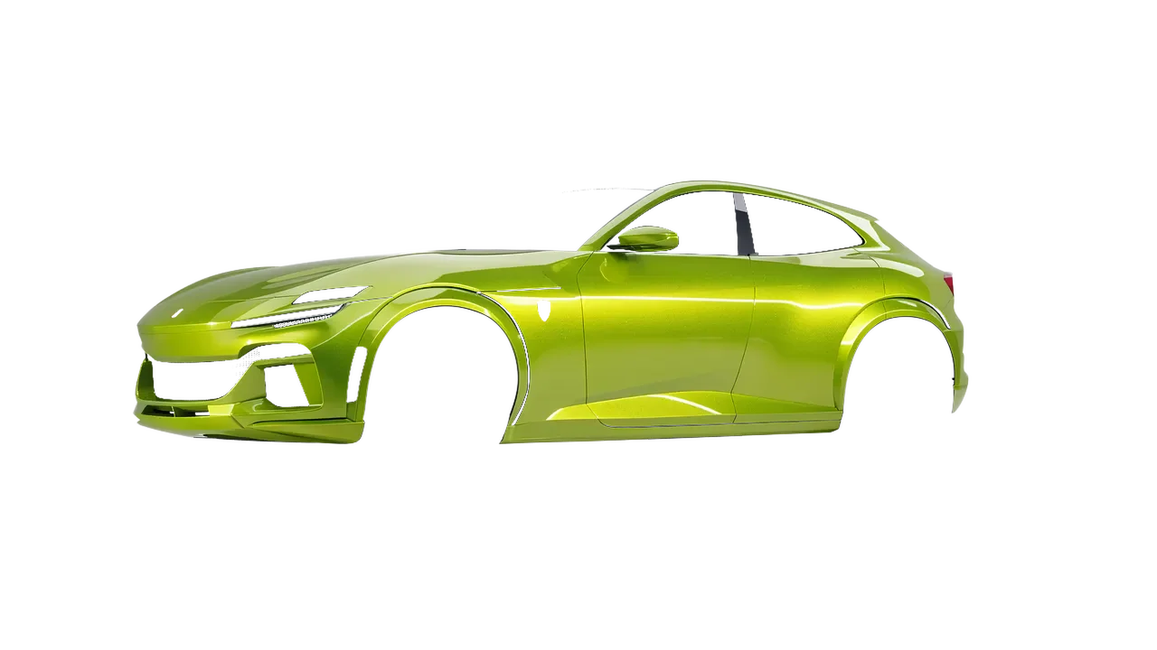 Ferrari Purosangue 2024 wrapped in Dynamic Lime Gloss (KPMF K75454), front three-quarter view