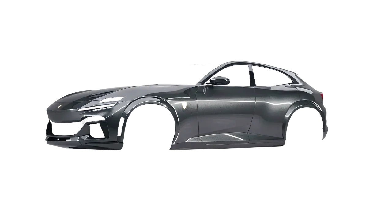 Ferrari Purosangue 2024 wrapped in Graphite Gloss (ORACAL 970RA-932G), front three-quarter view