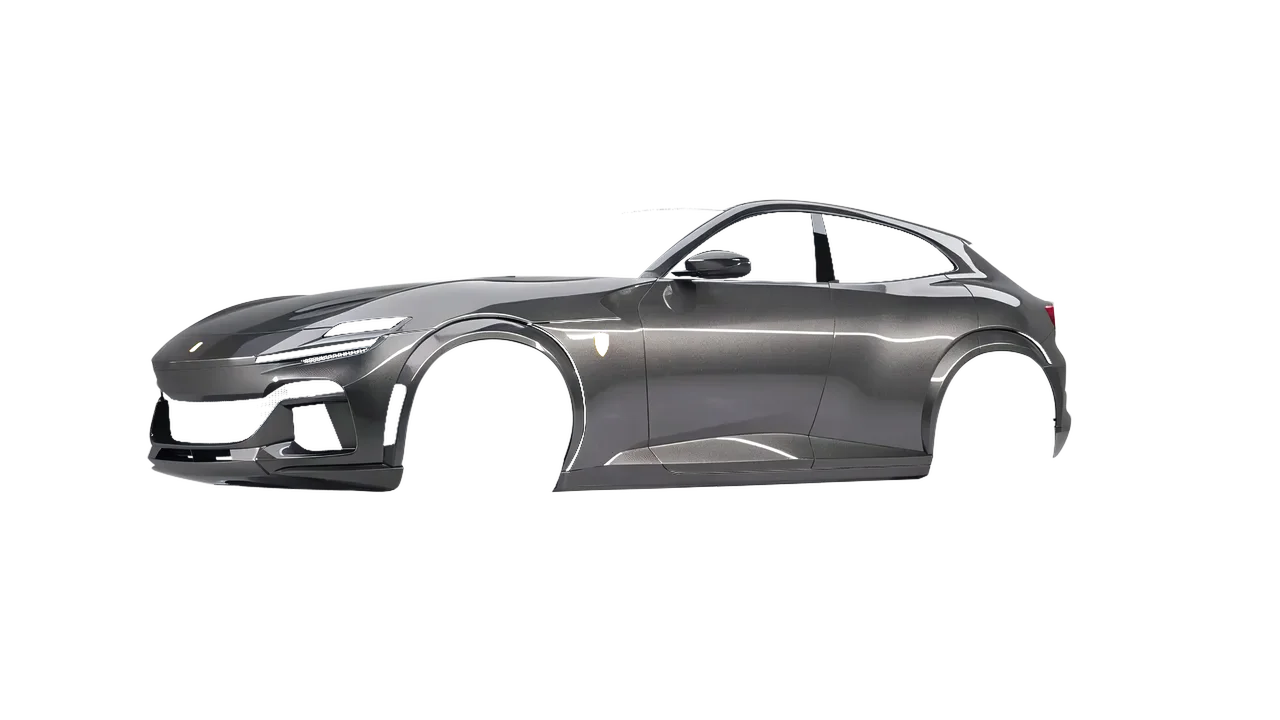 Ferrari Purosangue 2024 wrapped in Grey Cast Iron Gloss (ORACAL 970RA-935G), front three-quarter view