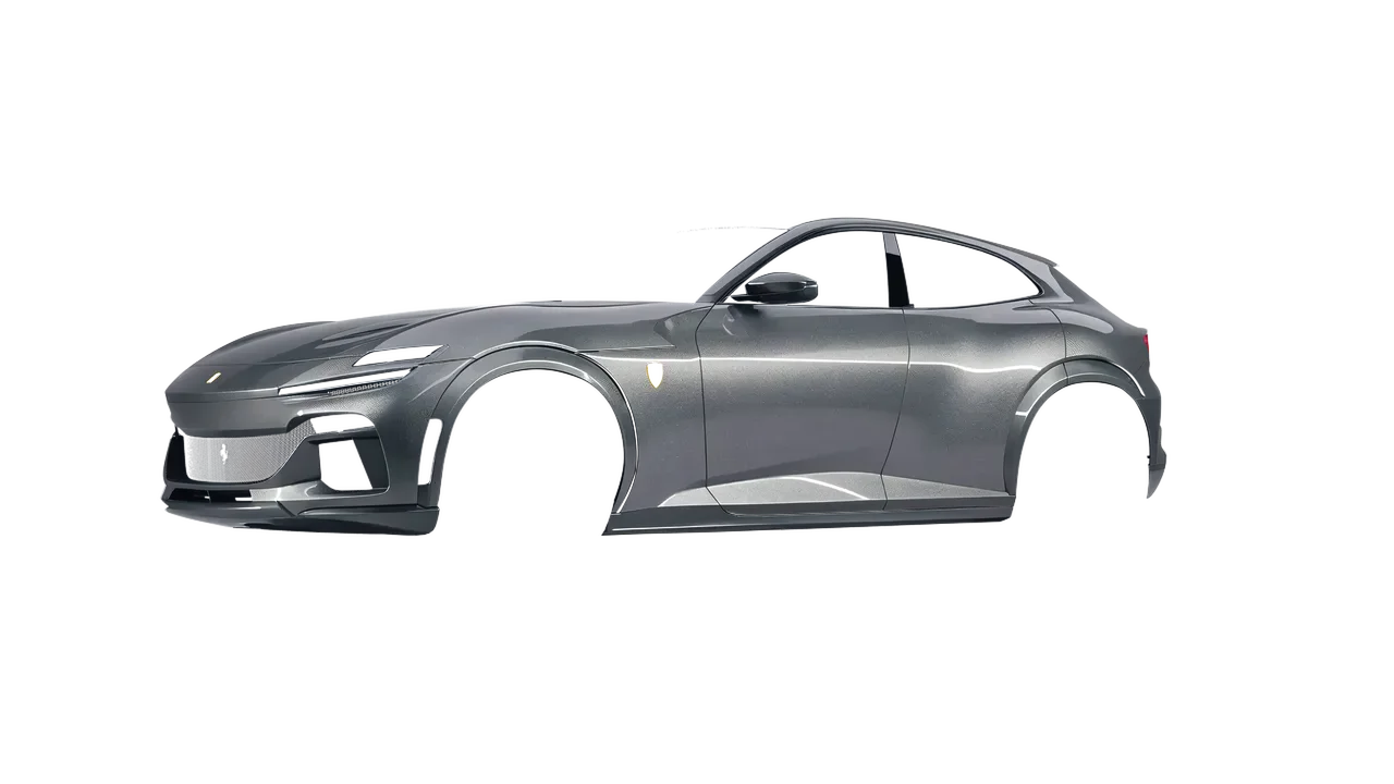 Ferrari Purosangue 2024 wrapped in Grey (Avery Dennison SW900-807-M), front three-quarter view