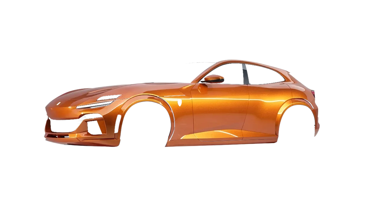 Ferrari Purosangue 2024 wrapped in Mandarin Gloss (ORACAL 970RA-300G), front three-quarter view