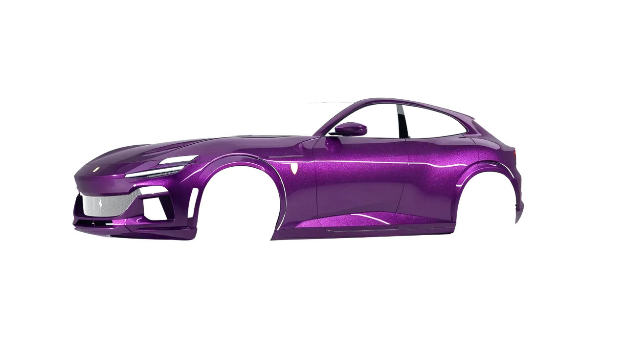Ferrari Purosangue 2024 wrapped in Popstar Concert Purple (Avery Dennison SW900-521-M), front three-quarter view