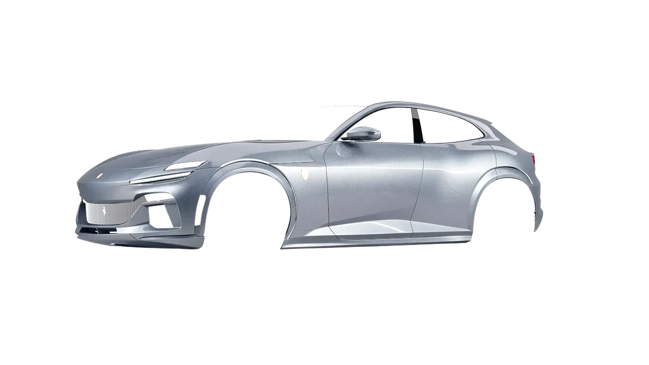 Ferrari Purosangue 2024 wrapped in Quick Silver (Avery Dennison SW900-816-M), front three-quarter view