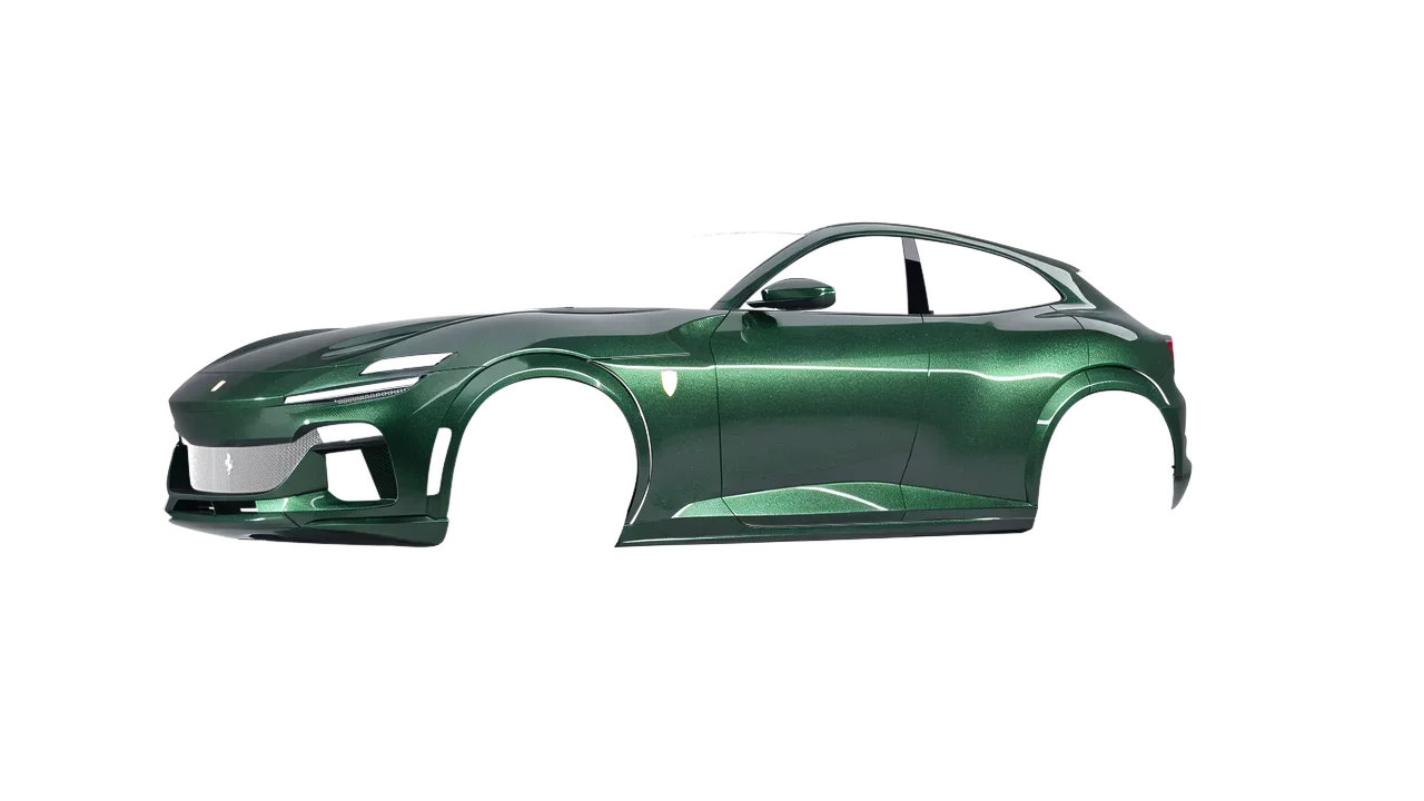 Ferrari Purosangue 2024 wrapped in Radioactive (Avery Dennison SW900-762-M), front three-quarter view