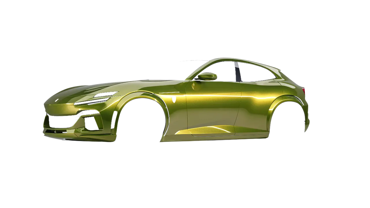 Ferrari Purosangue 2024 wrapped in Solar Flash Gloss (KPMF K75409), front three-quarter view