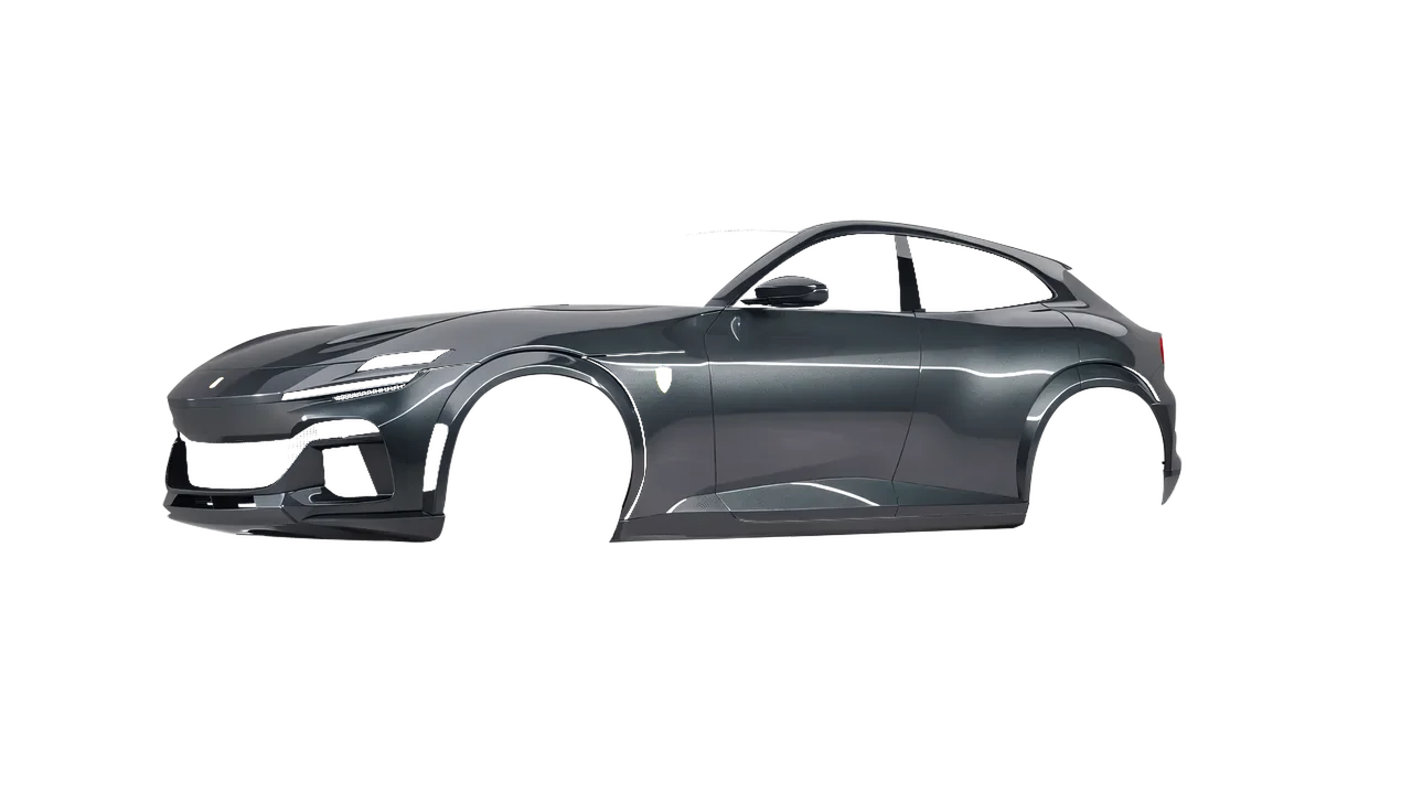 Ferrari Purosangue 2024 wrapped in Steel Gloss (ORACAL 970RA-795G), front three-quarter view